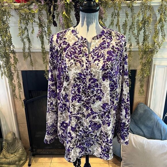 Talbots purple gray damask floral blouse - Picture 1 of 9